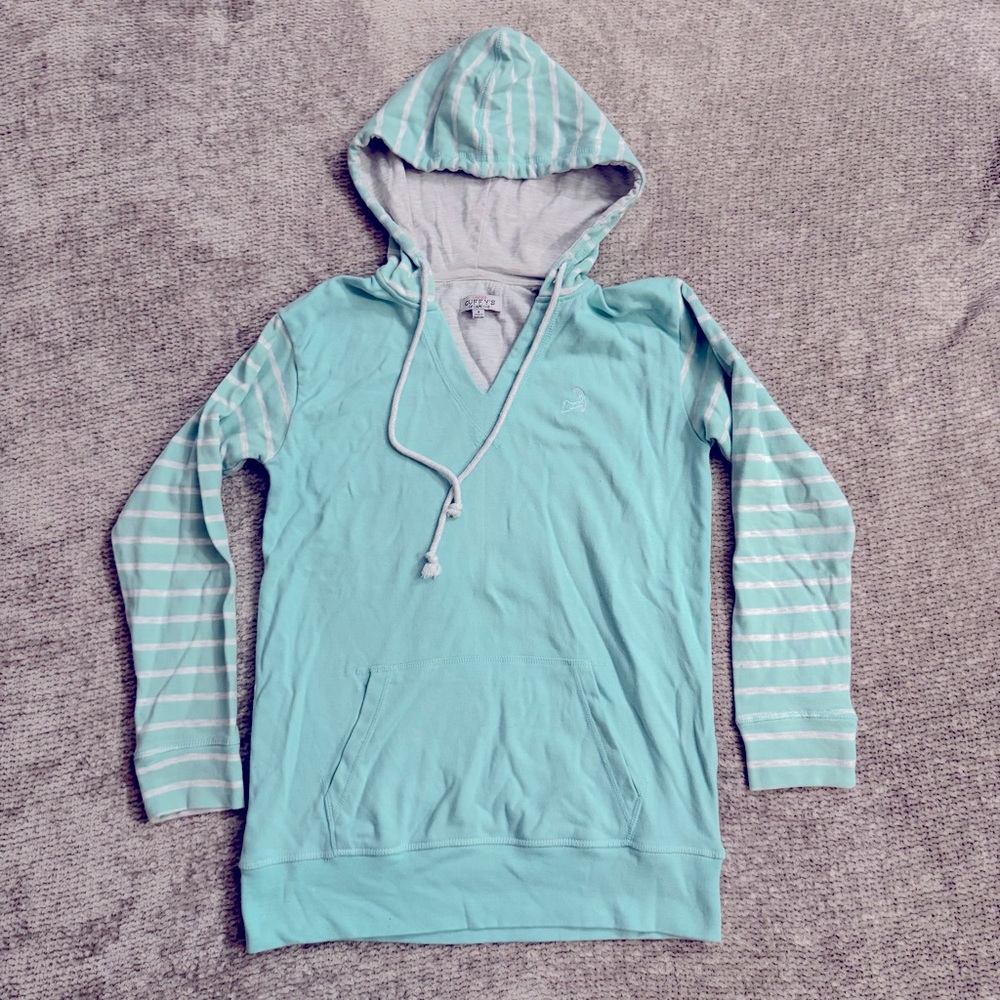 Cuffy’s of Cape Cod Aqua Mint Striped Sleeve Hoodie‎ Women’s Small